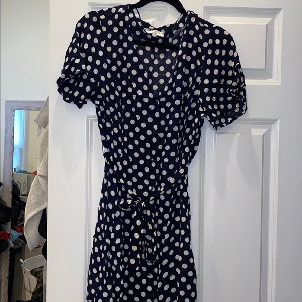 Blue and white polka dot dress